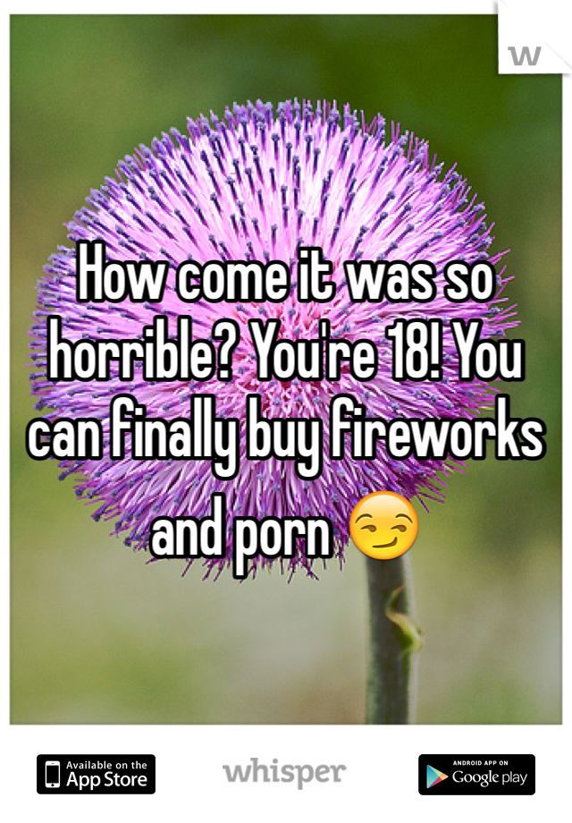 


How come it was so horrible? You're 18! You can finally buy fireworks and porn 😏