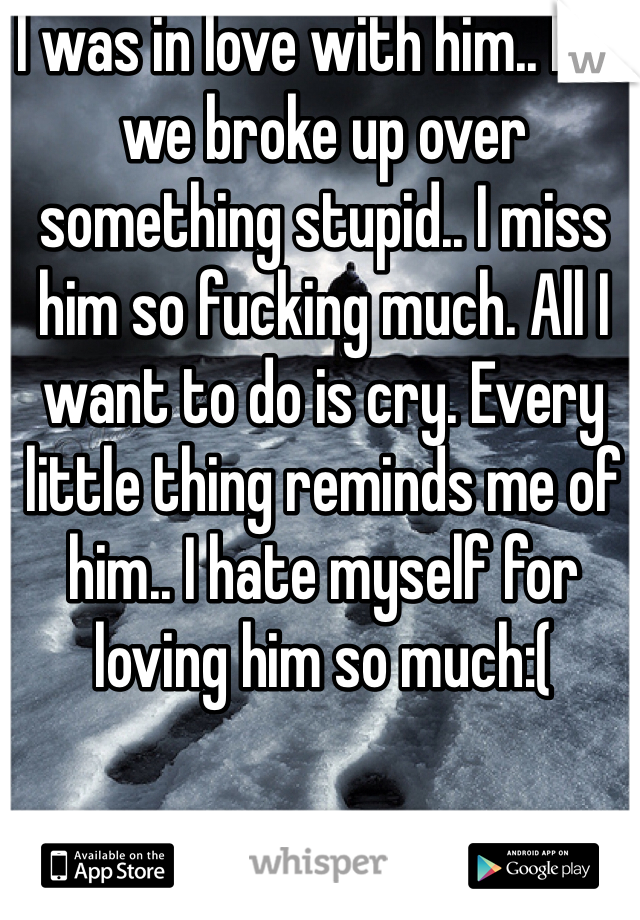 I was in love with him.. But we broke up over something stupid.. I miss him so fucking much. All I want to do is cry. Every little thing reminds me of him.. I hate myself for loving him so much:( 