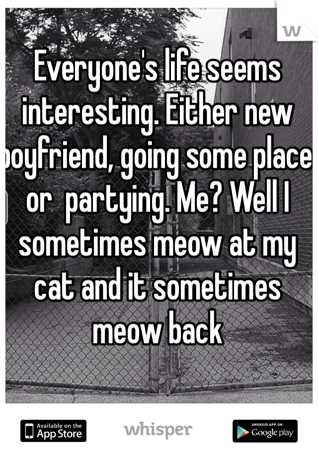 Everyone's life seems interesting. Either new boyfriend, going some place or  partying. Me? Well I sometimes meow at my cat and it sometimes meow back 

