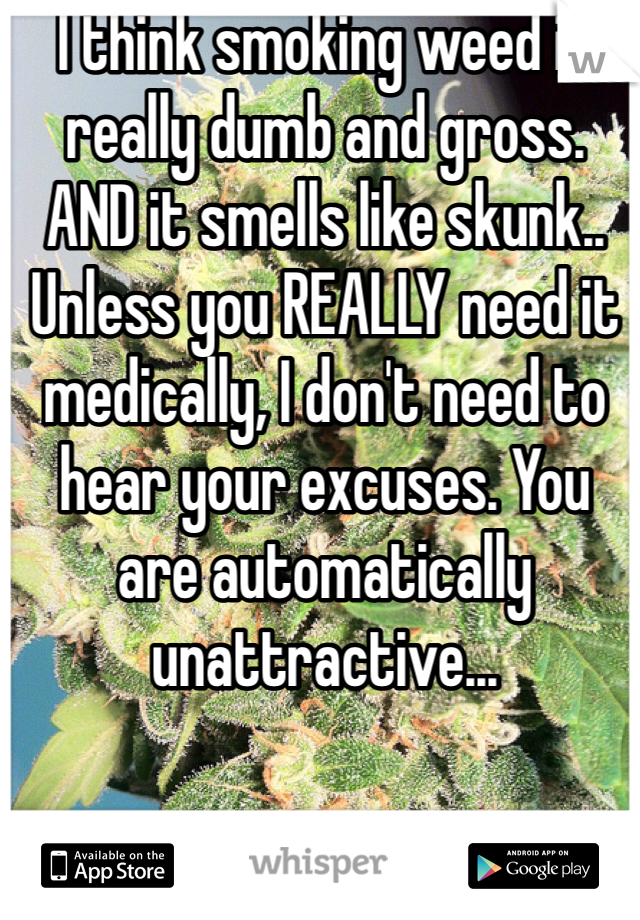 I think smoking weed is really dumb and gross. AND it smells like skunk.. Unless you REALLY need it medically, I don't need to hear your excuses. You are automatically unattractive...