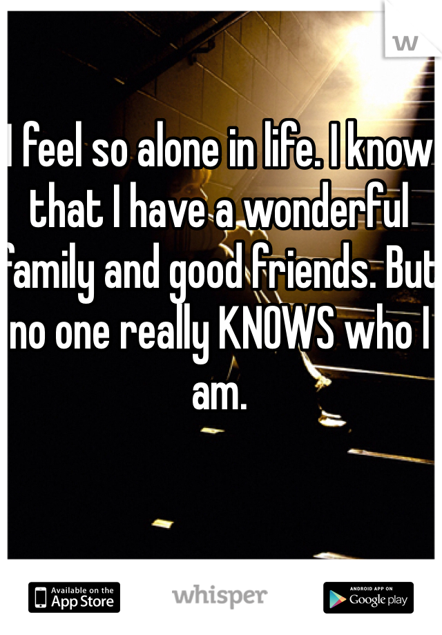 I feel so alone in life. I know that I have a wonderful family and good friends. But no one really KNOWS who I am. 
