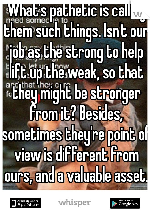 What's pathetic is calling them such things. Isn't our job as the strong to help lift up the weak, so that they might be stronger from it? Besides, sometimes they're point of view is different from ours, and a valuable asset.