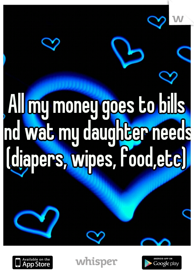 All my money goes to bills nd wat my daughter needs (diapers, wipes, food,etc) 