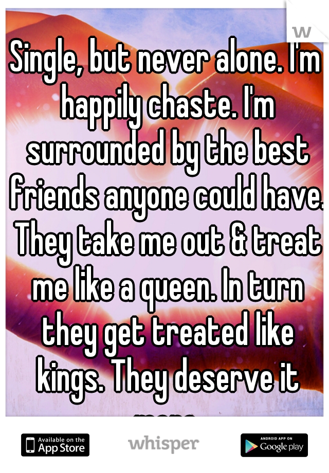 Single, but never alone. I'm happily chaste. I'm surrounded by the best friends anyone could have. They take me out & treat me like a queen. In turn they get treated like kings. They deserve it more.