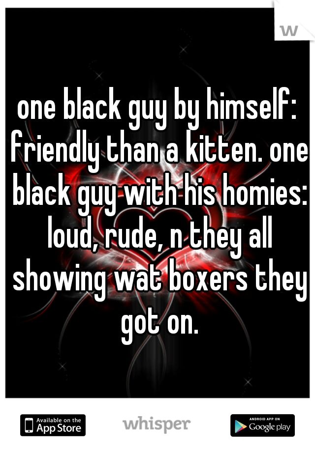 one black guy by himself: friendly than a kitten. one black guy with his homies: loud, rude, n they all showing wat boxers they got on.
