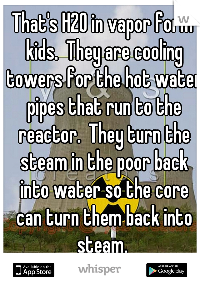 That's H2O in vapor form kids.  They are cooling towers for the hot water pipes that run to the reactor.  They turn the steam in the poor back into water so the core can turn them back into steam. 