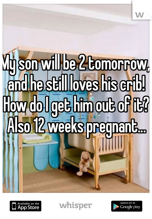 My son will be 2 tomorrow, and he still loves his crib! How do I get him out of it? 
Also 12 weeks pregnant... 