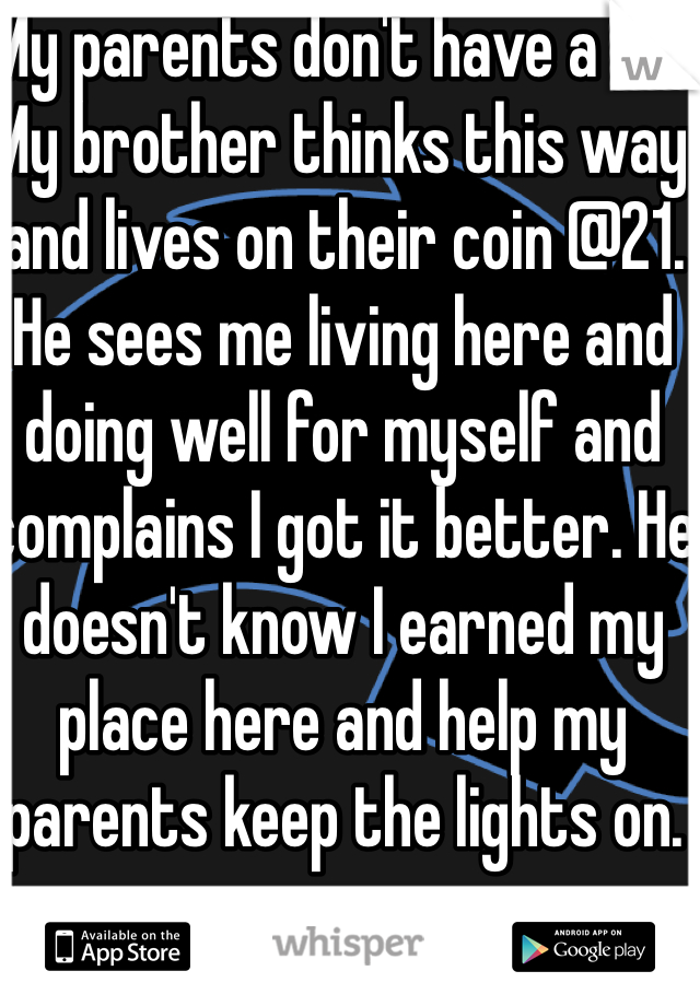 My parents don't have a lot. My brother thinks this way and lives on their coin @21. He sees me living here and doing well for myself and complains I got it better. He doesn't know I earned my place here and help my parents keep the lights on.