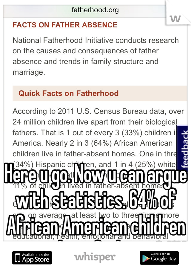 





Here u go. Now u can argue with statistics. 64% of African American children are without fathers. 64%!