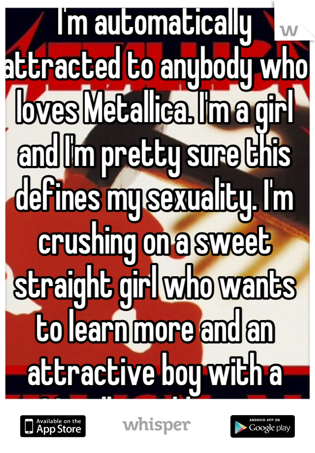 I'm automatically attracted to anybody who loves Metallica. I'm a girl and I'm pretty sure this defines my sexuality. I'm crushing on a sweet straight girl who wants to learn more and an attractive boy with a Metallica addiction. 