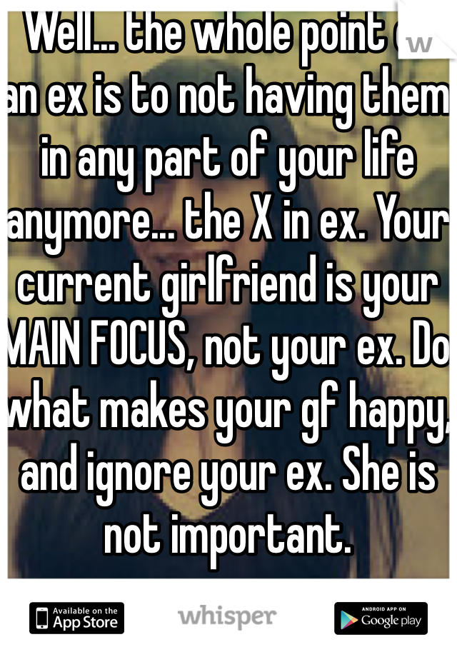 Well... the whole point of an ex is to not having them in any part of your life anymore... the X in ex. Your current girlfriend is your MAIN FOCUS, not your ex. Do what makes your gf happy, and ignore your ex. She is not important. 