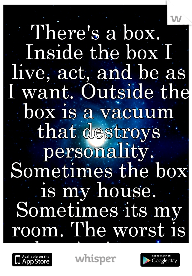 There's a box. Inside the box I live, act, and be as I want. Outside the box is a vacuum that destroys personality. Sometimes the box is my house. Sometimes its my room. The worst is when its just me.