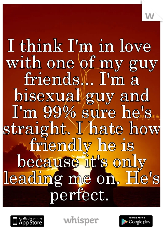 I think I'm in love with one of my guy friends... I'm a bisexual guy and I'm 99% sure he's straight. I hate how friendly he is because it's only leading me on. He's perfect. 
