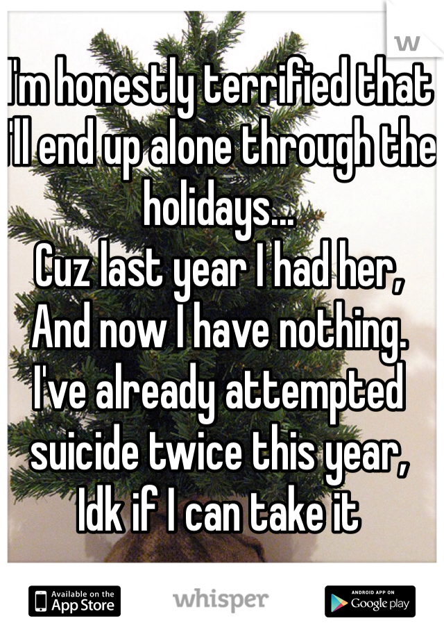 I'm honestly terrified that I'll end up alone through the holidays...
Cuz last year I had her,
And now I have nothing.
I've already attempted suicide twice this year,
Idk if I can take it