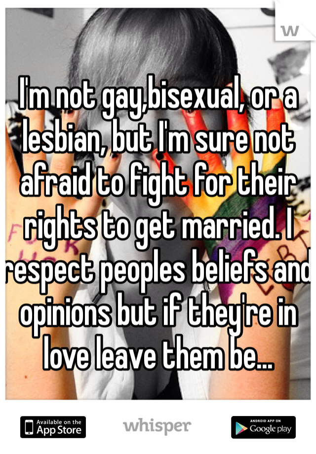 I'm not gay,bisexual, or a lesbian, but I'm sure not afraid to fight for their rights to get married. I respect peoples beliefs and opinions but if they're in love leave them be...