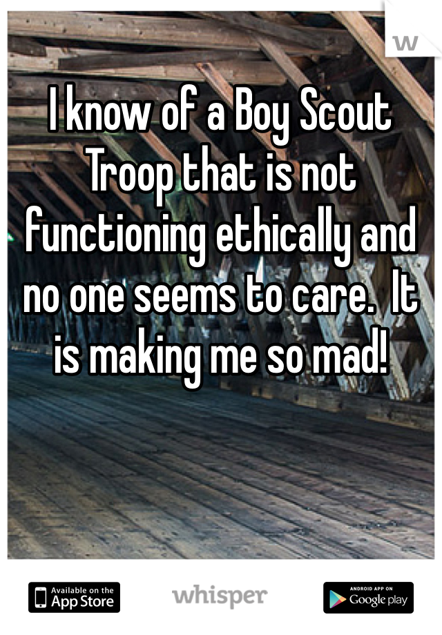 
I know of a Boy Scout Troop that is not functioning ethically and no one seems to care.  It is making me so mad!