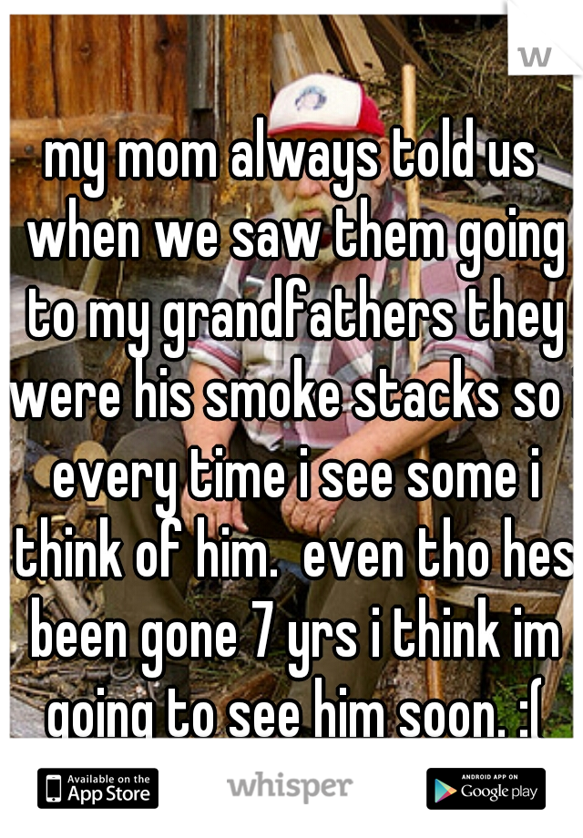 my mom always told us when we saw them going to my grandfathers they were his smoke stacks so i every time i see some i think of him.  even tho hes been gone 7 yrs i think im going to see him soon. :(