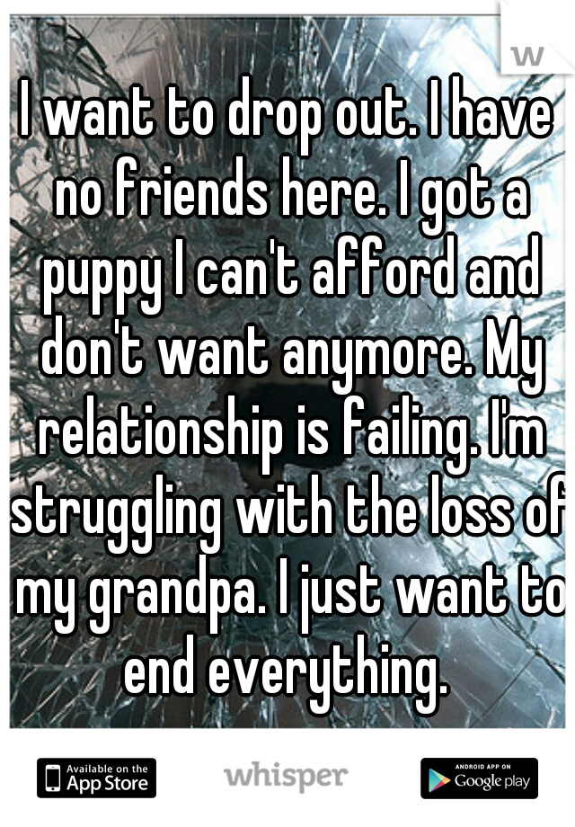 I want to drop out. I have no friends here. I got a puppy I can't afford and don't want anymore. My relationship is failing. I'm struggling with the loss of my grandpa. I just want to end everything. 