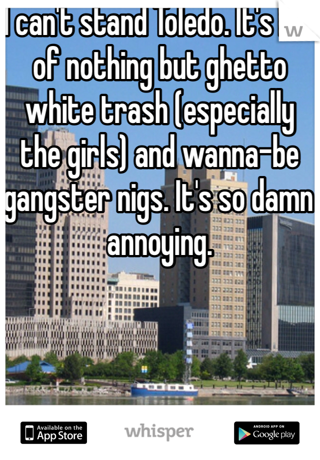 I can't stand Toledo. It's full of nothing but ghetto white trash (especially the girls) and wanna-be gangster nigs. It's so damn annoying.