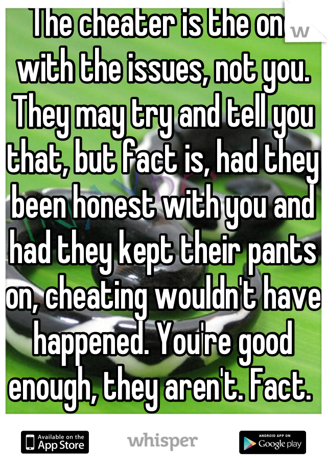 The cheater is the one with the issues, not you. They may try and tell you that, but fact is, had they been honest with you and had they kept their pants on, cheating wouldn't have happened. You're good enough, they aren't. Fact. 