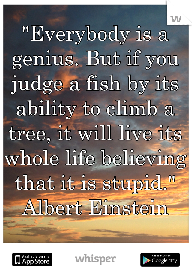 "Everybody is a genius. But if you judge a fish by its ability to climb a tree, it will live its whole life believing that it is stupid."
Albert Einstein
