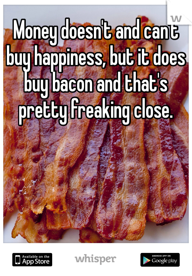 Money doesn't and can't buy happiness, but it does buy bacon and that's pretty freaking close.