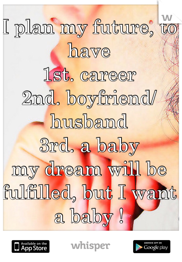 I plan my future, to have 
1st. career 
2nd. boyfriend/husband
3rd. a baby 
my dream will be fulfilled, but I want a baby ! 