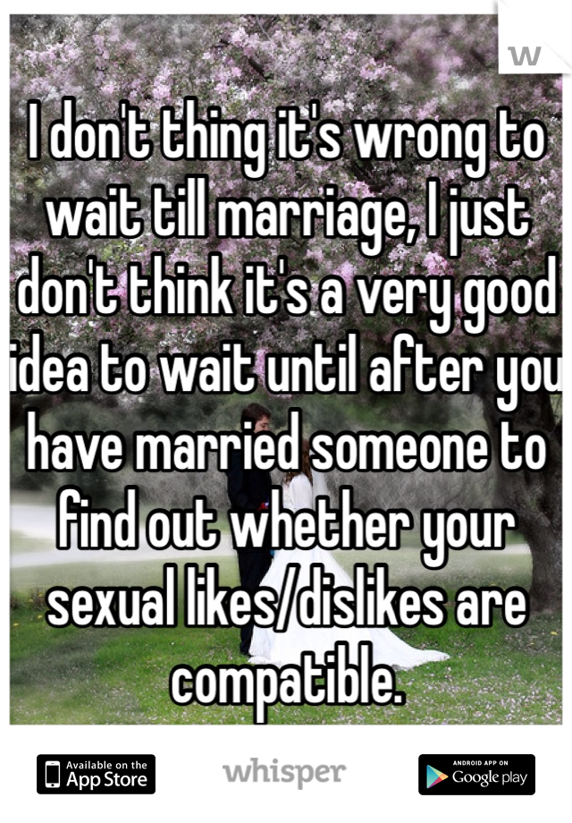 I don't thing it's wrong to wait till marriage, I just don't think it's a very good idea to wait until after you have married someone to find out whether your sexual likes/dislikes are compatible.