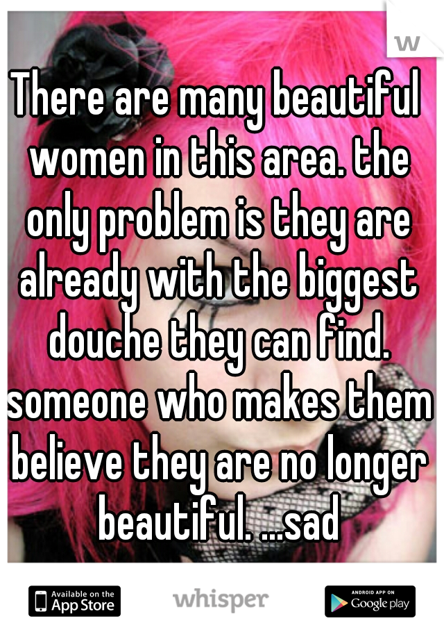 There are many beautiful women in this area. the only problem is they are already with the biggest douche they can find. someone who makes them believe they are no longer beautiful. ...sad