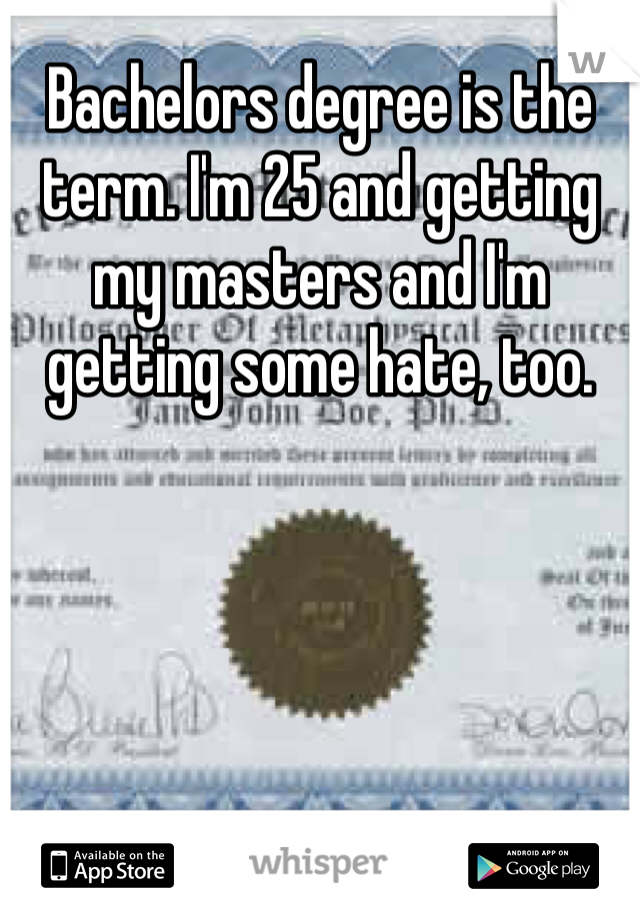 Bachelors degree is the term. I'm 25 and getting my masters and I'm getting some hate, too.