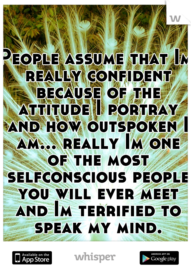People assume that Im really confident because of the attitude I portray and how outspoken I am... really Im one of the most selfconscious people you will ever meet and Im terrified to speak my mind.