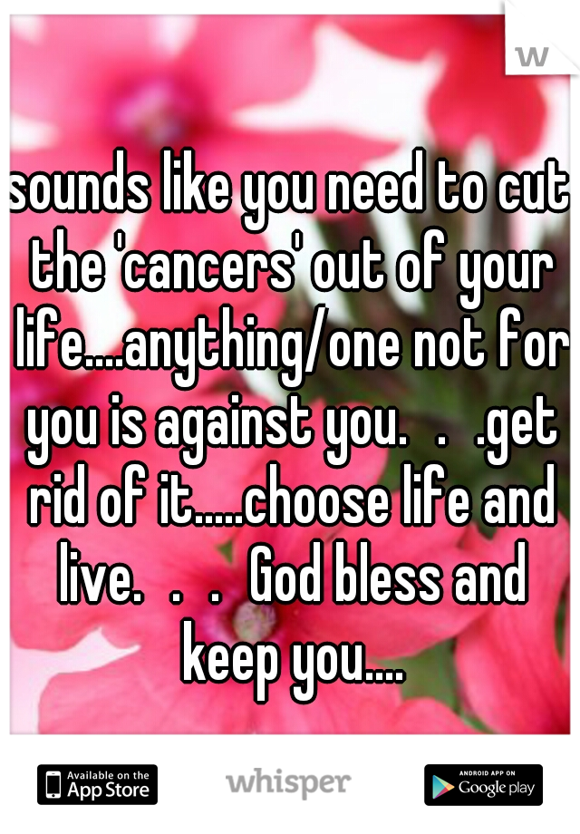 sounds like you need to cut the 'cancers' out of your life....anything/one not for you is against you.
.
.get rid of it.....choose life and live.
.
.
God bless and keep you....