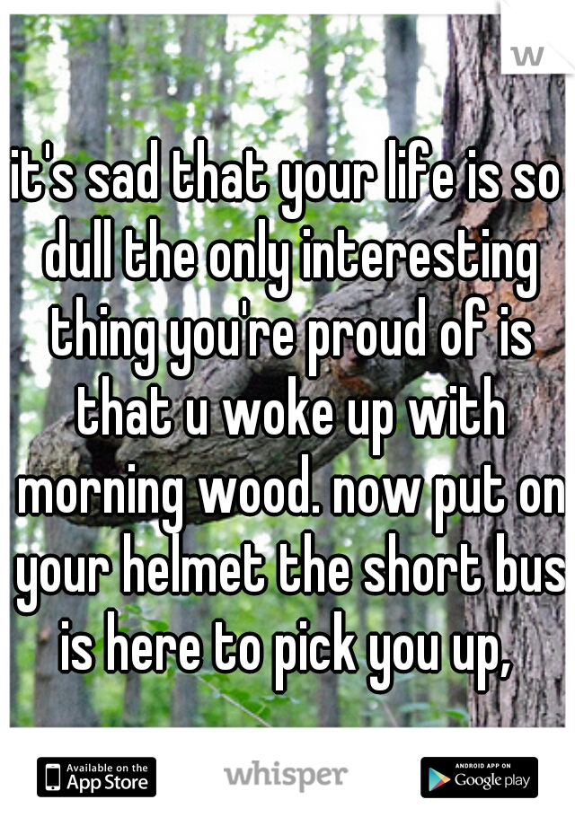 it's sad that your life is so dull the only interesting thing you're proud of is that u woke up with morning wood. now put on your helmet the short bus is here to pick you up, 
