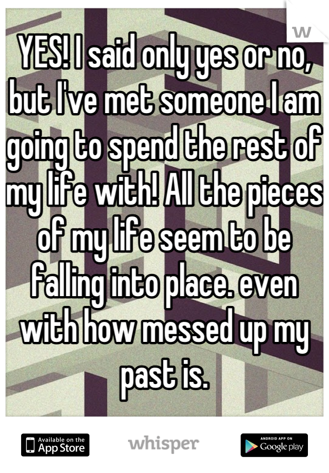 YES! I said only yes or no, but I've met someone I am going to spend the rest of my life with! All the pieces of my life seem to be falling into place. even with how messed up my past is.