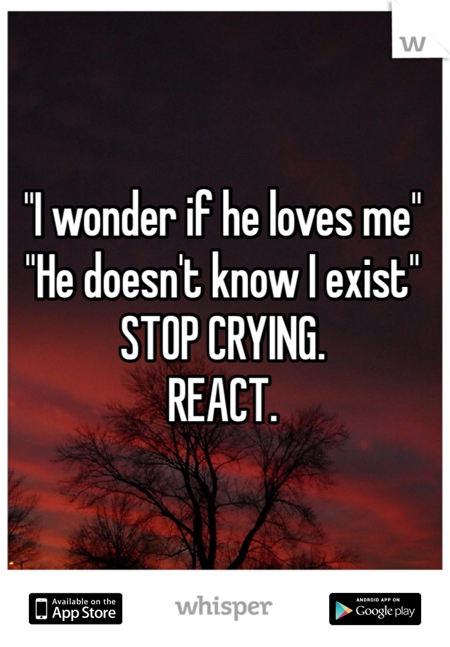 "I wonder if he loves me"
"He doesn't know I exist" 
STOP CRYING.
REACT.