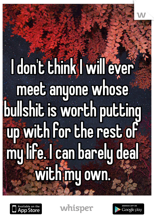 I don't think I will ever meet anyone whose bullshit is worth putting up with for the rest of my life. I can barely deal with my own. 