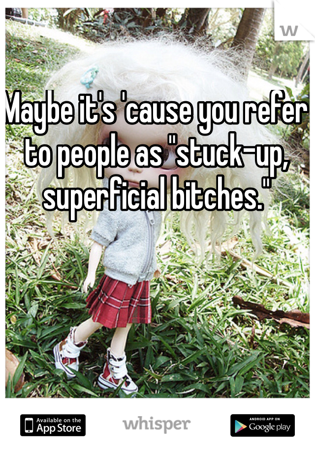 Maybe it's 'cause you refer to people as "stuck-up, superficial bitches."