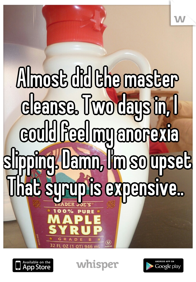 Almost did the master cleanse. Two days in, I could feel my anorexia slipping. Damn, I'm so upset. That syrup is expensive..  