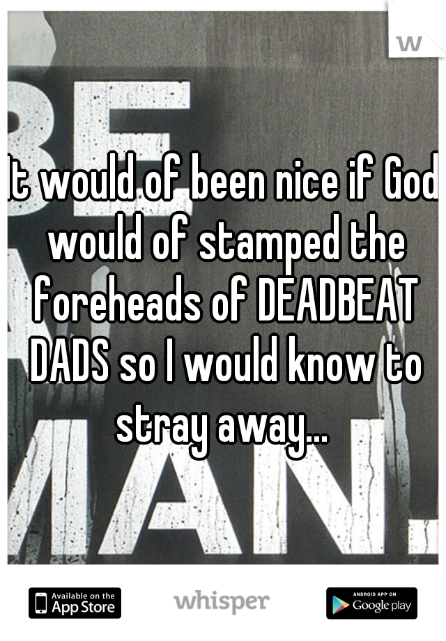 It would of been nice if God would of stamped the foreheads of DEADBEAT DADS so I would know to stray away... 