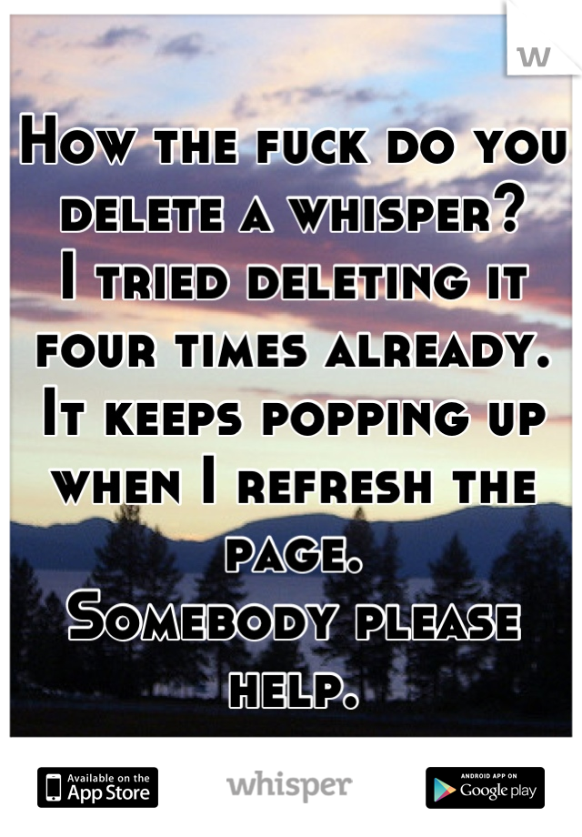 How the fuck do you delete a whisper?
I tried deleting it four times already.
It keeps popping up when I refresh the page.
Somebody please help.
