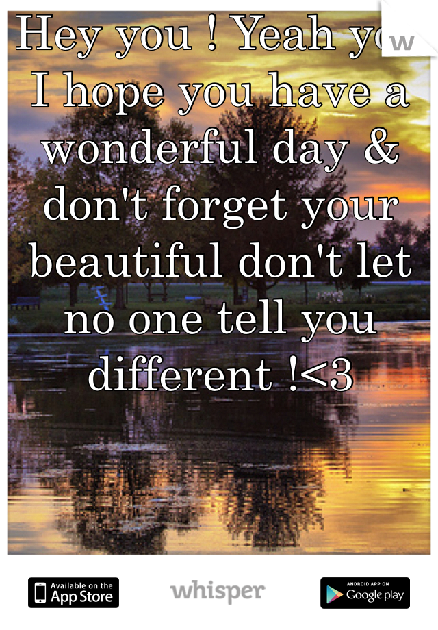Hey you ! Yeah you I hope you have a wonderful day & don't forget your beautiful don't let no one tell you different !<3 