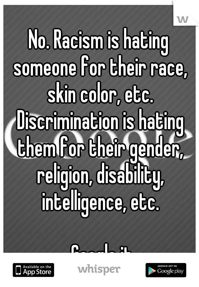 No. Racism is hating someone for their race, skin color, etc. Discrimination is hating them for their gender, religion, disability, intelligence, etc. 





























Google it. 