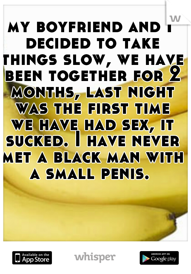 my boyfriend and I decided to take things slow, we have been together for 2 months, last night was the first time we have had sex, it sucked. I have never met a black man with a small penis. 