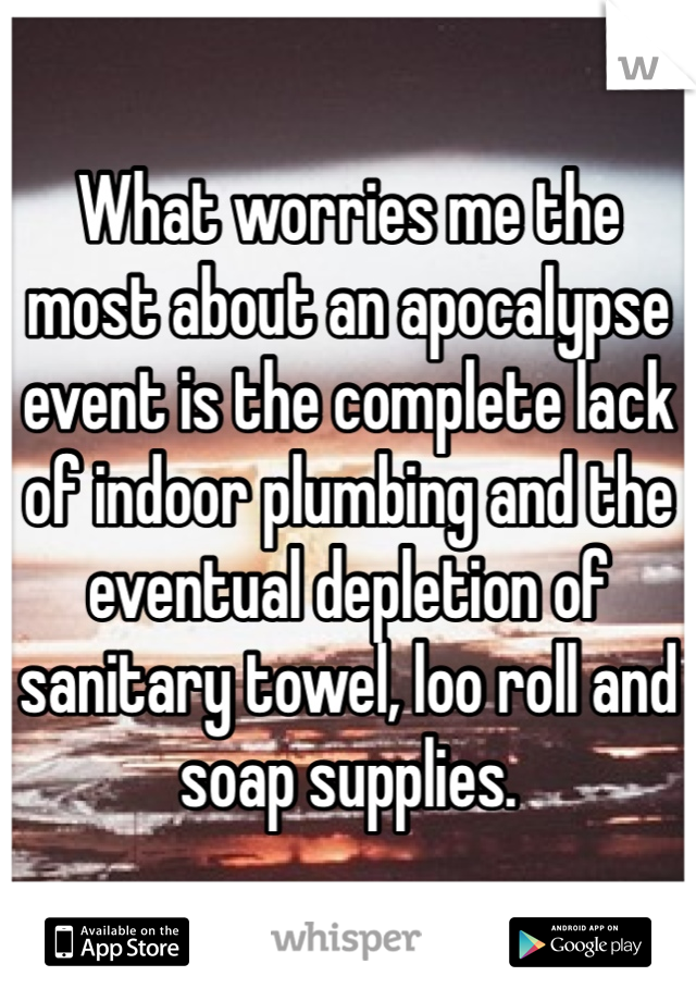 What worries me the most about an apocalypse event is the complete lack of indoor plumbing and the eventual depletion of sanitary towel, loo roll and soap supplies.