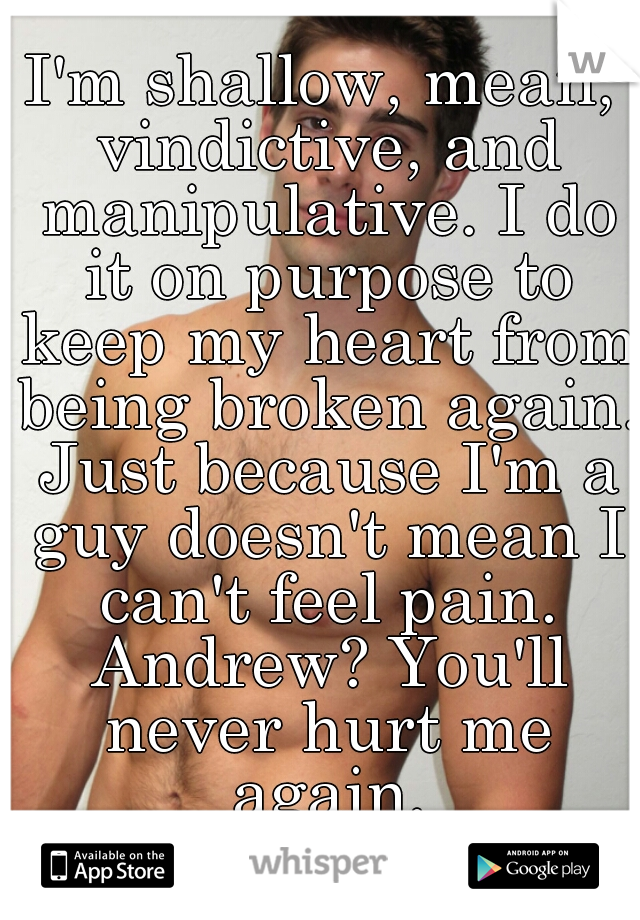 I'm shallow, mean, vindictive, and manipulative. I do it on purpose to keep my heart from being broken again. Just because I'm a guy doesn't mean I can't feel pain. Andrew? You'll never hurt me again.