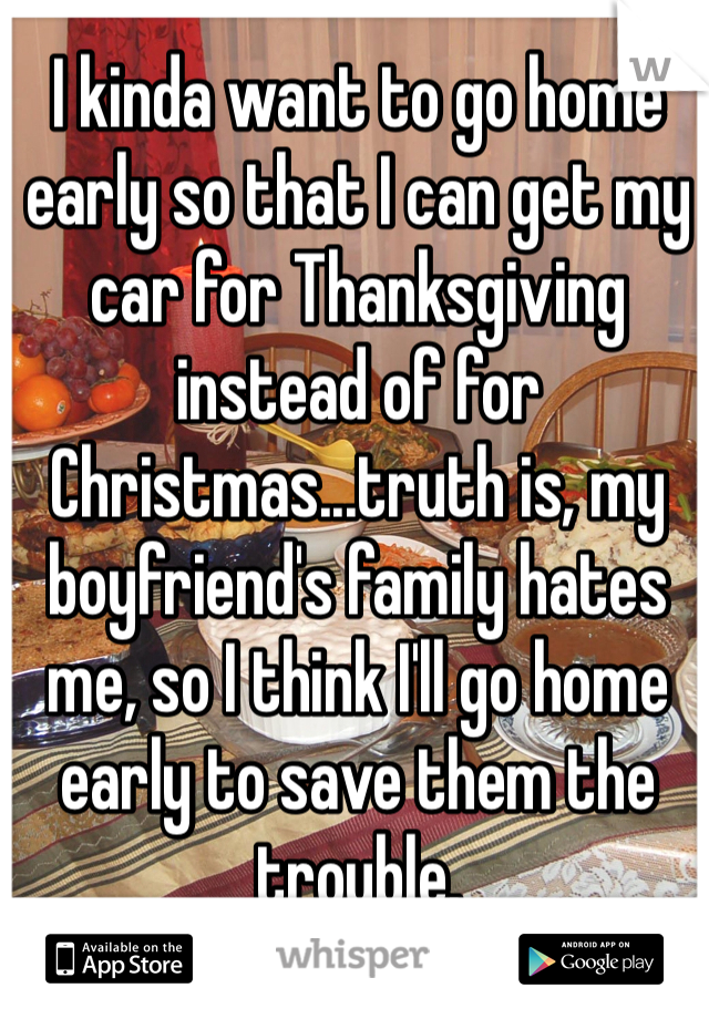 I kinda want to go home early so that I can get my car for Thanksgiving instead of for Christmas...truth is, my boyfriend's family hates me, so I think I'll go home early to save them the trouble.