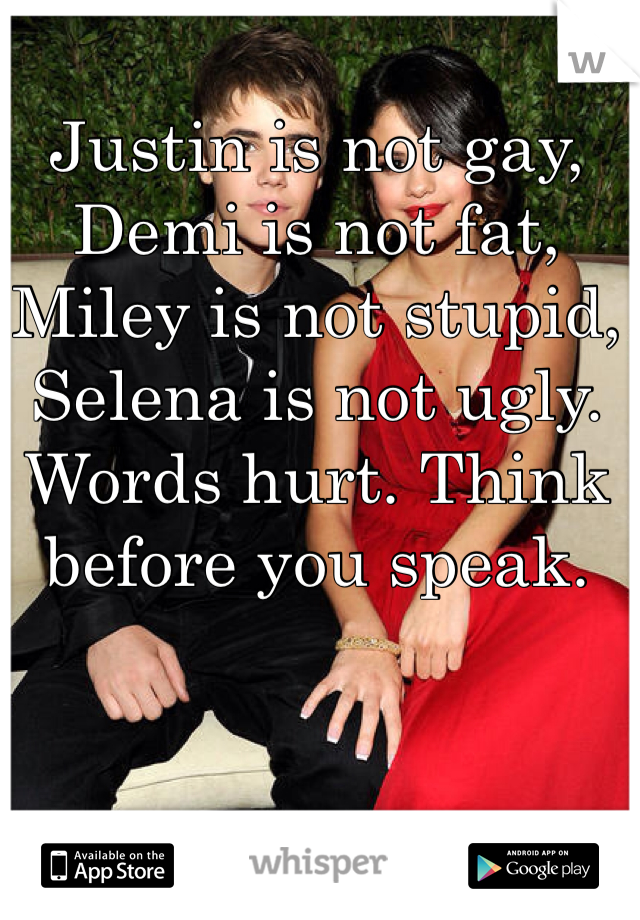 Justin is not gay, Demi is not fat, Miley is not stupid, Selena is not ugly. Words hurt. Think before you speak.