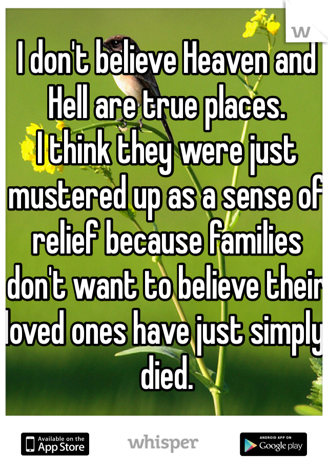 I don't believe Heaven and Hell are true places.
I think they were just mustered up as a sense of relief because families don't want to believe their loved ones have just simply, died.