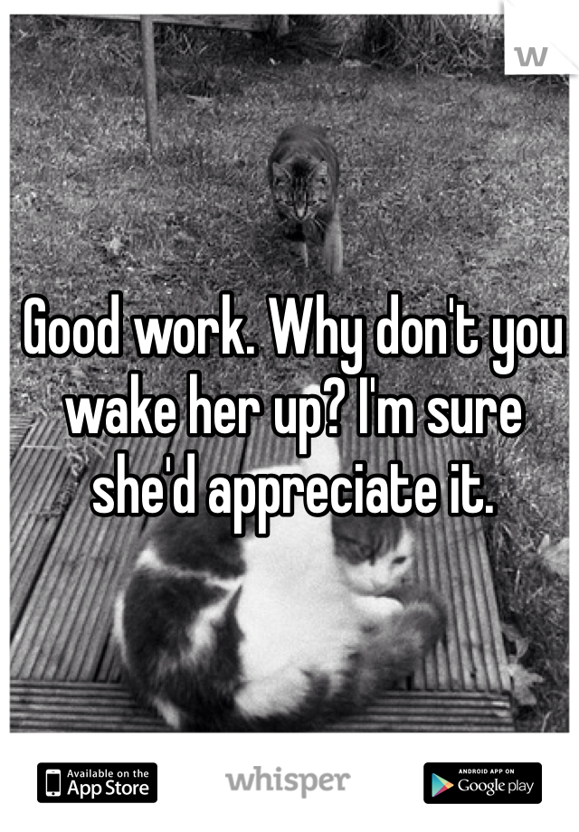 Good work. Why don't you wake her up? I'm sure she'd appreciate it. 