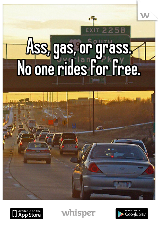 Ass, gas, or grass. 
No one rides for free.